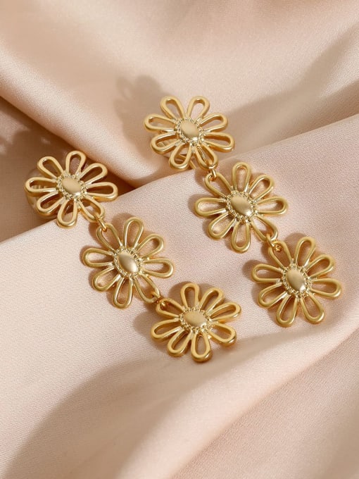 matte  gold [ ear clip] Brass Holllow  Flower Vintage Long Drop Earring